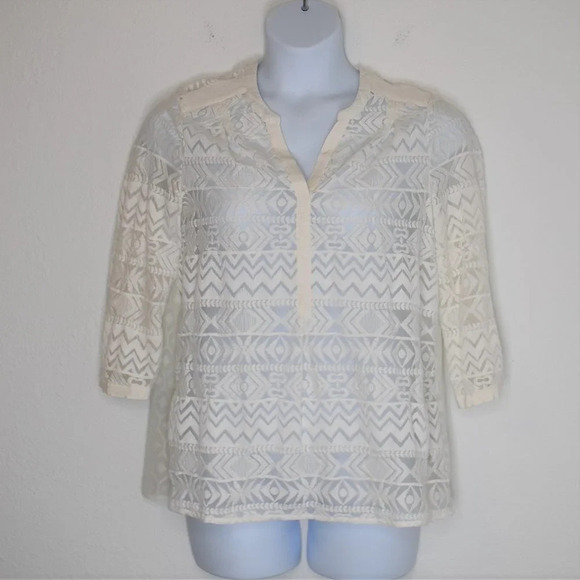Anthropologie Embroidered Sheer Blouse Sz 12 3/4 Sleeve Aztec Neutral Boho Work - Picture 1 of 16